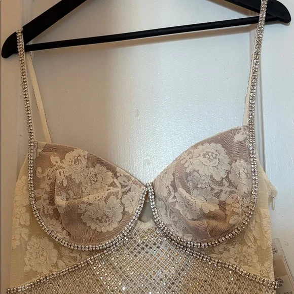 Self Portrait cream rhinestone mesh maxi dress elegant cocktail ethereal US 12 - Picture 8 of 16